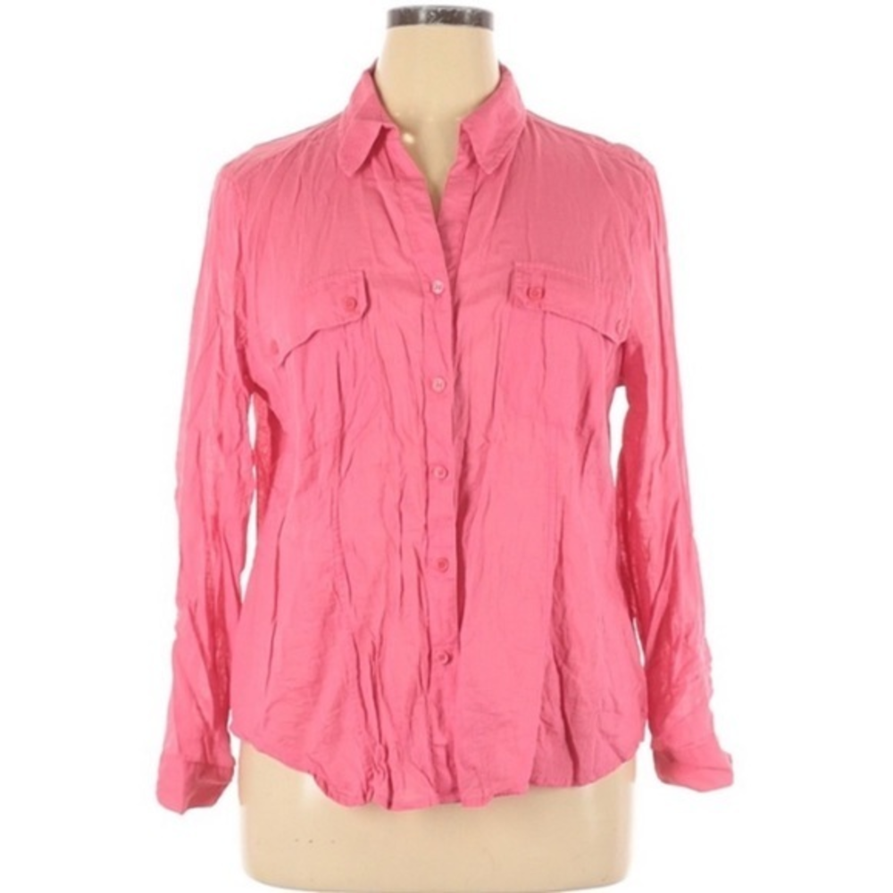 Chico’s 3 (XL/16) coral‎ pink 100% cotton button up slit hem classic blouse top